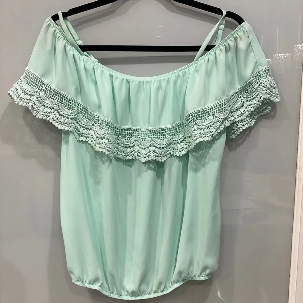 A. Byer Women's Baby Doll Teal Turquoise Open Cold Shoulder Blouse Top Shirt M